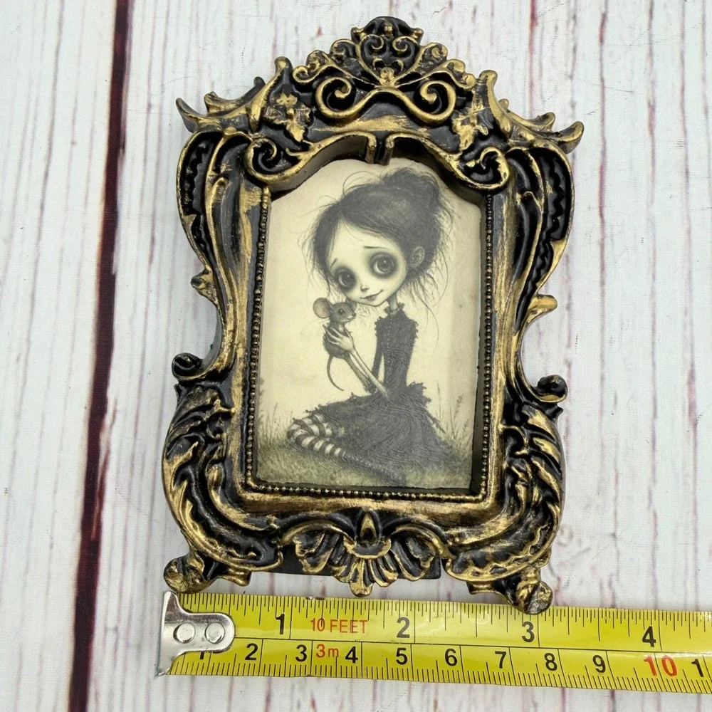 Gothic Big Eyed Girl with Mouse Decoupage Art Ornate Gold Resin Frame